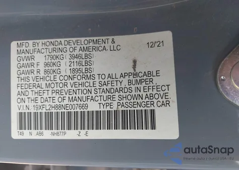 2022 Honda Civic Sport from USA, damaged, VIN 19XFL2H88NE007669